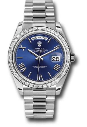 Replica Rolex 950 Platinum Day-Date 40 Watch 228396TBR Bezel Blue Bevelled Roman Dial President Bracelet